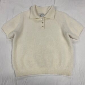 Rachel Zoe Womens Ivory Fuzzy Eyelash Knit Short Sleeve Polo Sweater Small chic